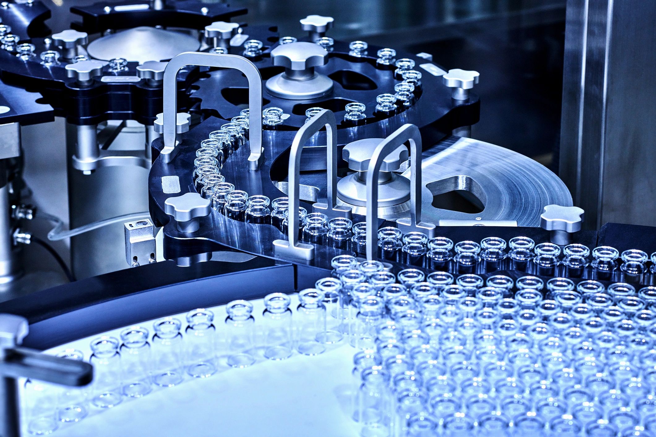 Glass bottles on a production line